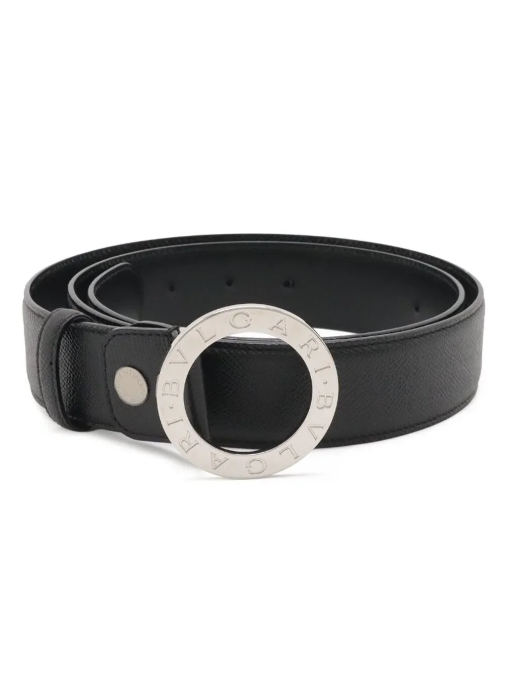 Bvlgari Belt Round Logo Buckle Gray Leather Black Silver